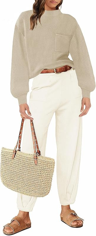 ZESICA Women's 2 Piece Outfits Sweater Set Long Sleeve Mock Neck Knit Pullover Top High Waist Pan... | Amazon (US)