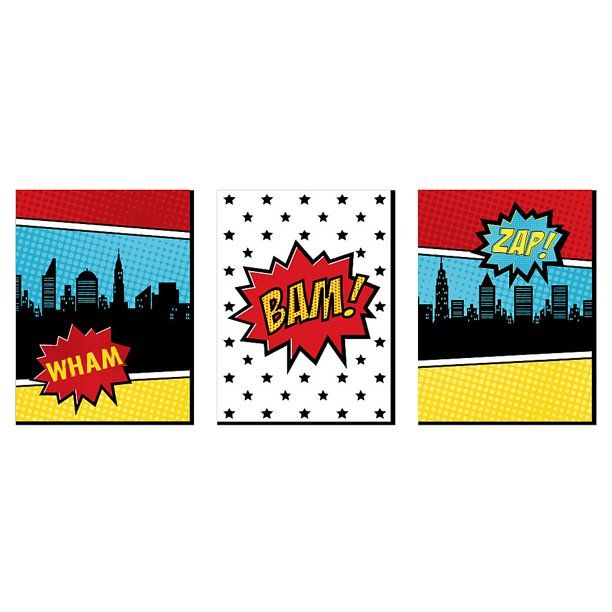 BAM! Superhero - Nursery Wall Art and Comic Kids Room Décor - 7.5” x 10” - Set of 3 Prints | Walmart (US)