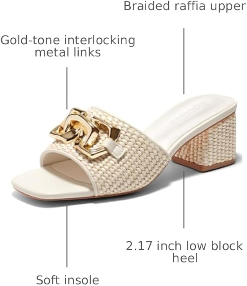 Coutgo Womens Raffia Slide Sandals Chunky Block Heeled Square Open Toe Metal Chain Slip on Mules ... | Amazon (US)