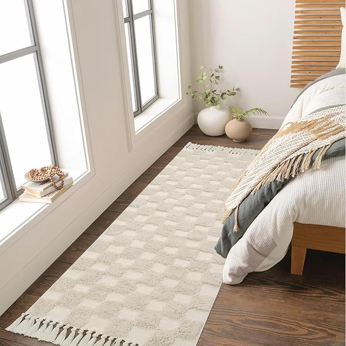 Lanffia Boho Checkered Tufted Rug - 2.6x8 Runner Rug Beige Hallway Runner Washable with Tassels I... | Amazon (US)