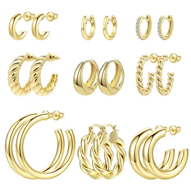 Adoyi Gold Hoop Earrings Set for Women Chunky Gold Hoops Twisted Huggie Hoops Earrings 14K Plated... | Walmart (US)