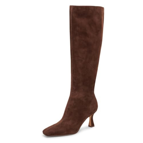 DOEYG Brown Suede Knee High Boots for Women Wide Calf Kitten Heel Boots Square Toe Stiletto High Heel Tall Boots Fashion Fall Long Boots with Side Zipper | Amazon (US)