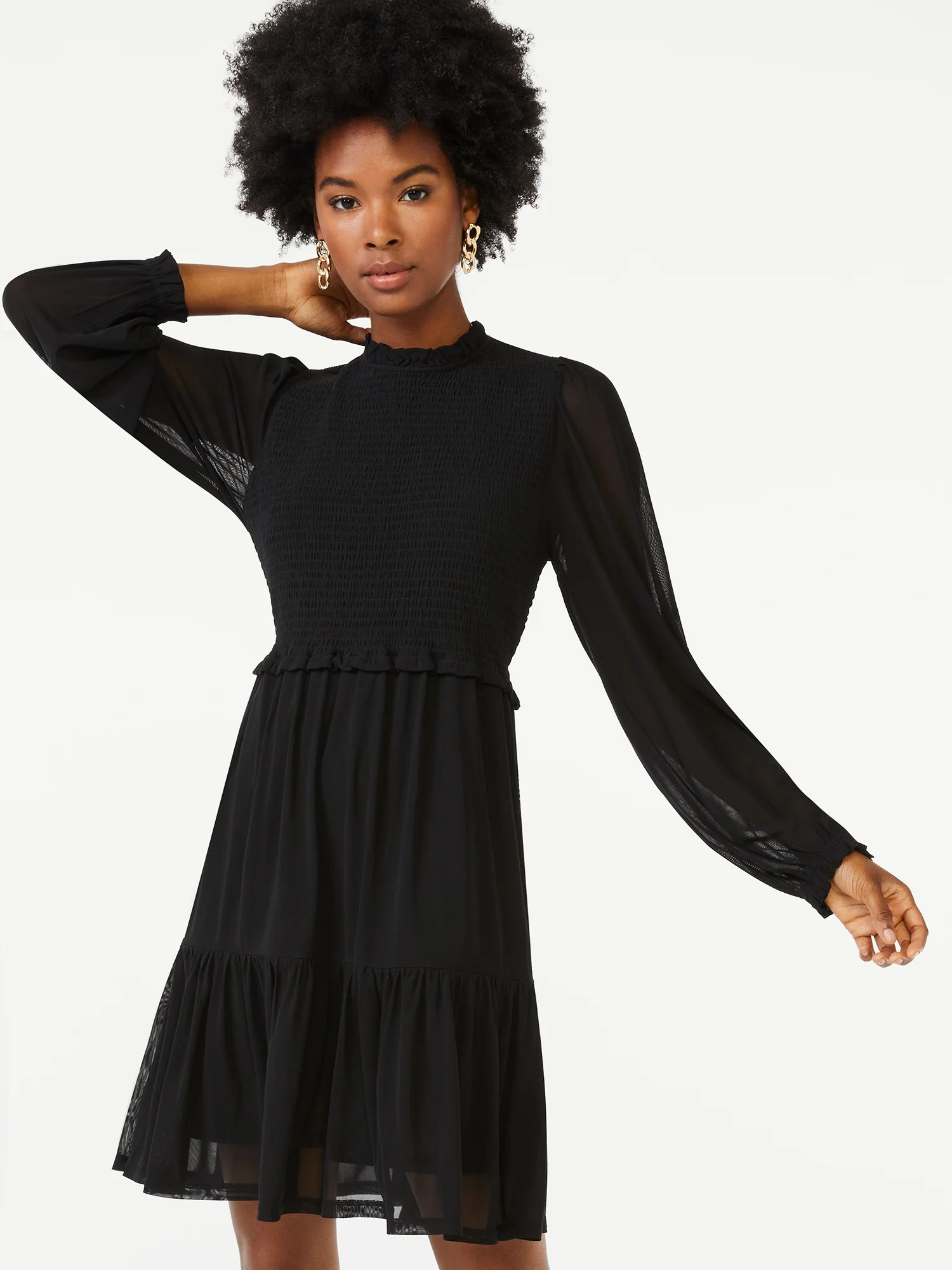 Scoop Women's Smocked Short Dress with Long Sleeves | Walmart (US)