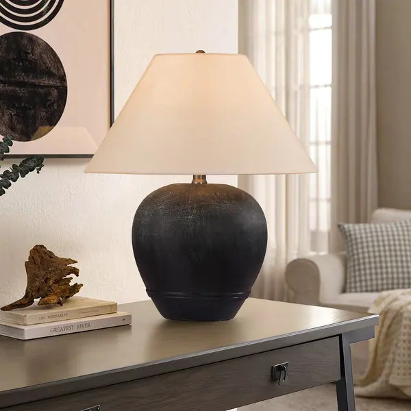 Scandinavian Empire Ceramic Table Lamp with Linen Shade - 18.1"W x18.1"Dx21.2"H - Black smudged w... | Bed Bath & Beyond