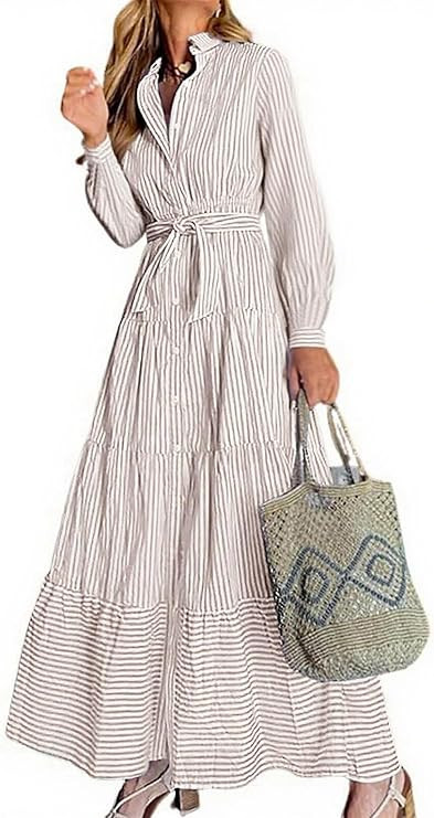 utcoco Womens Casual Long Sleeve Button Down Tie Waist Ruffled Striped Maxi Shirt Dress | Amazon (US)