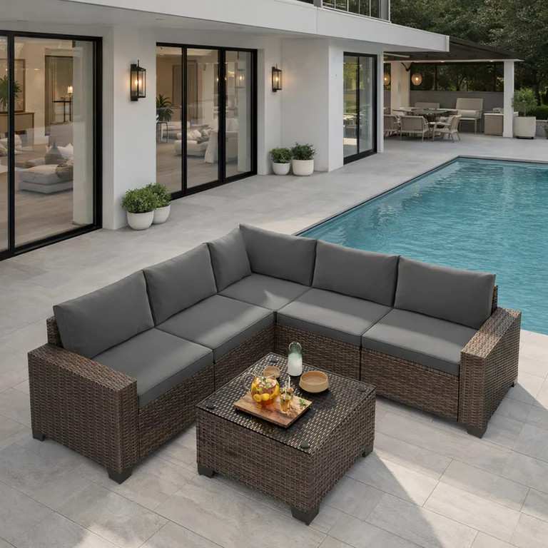 Aiho Outdoor Patio Furniture Set with All Weather Wicker, 6 Pieces Outdoor Sectional Sofa with So... | Walmart (US)