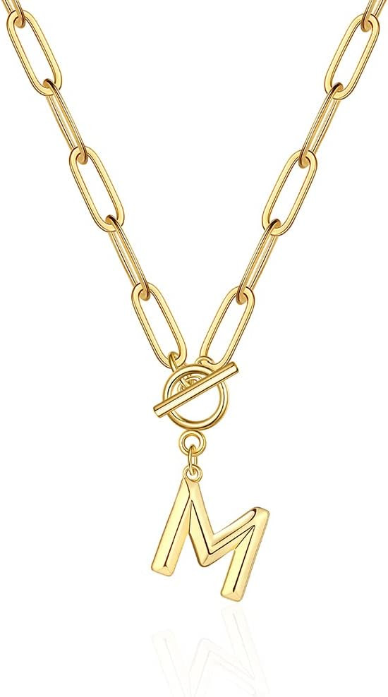 Eben-Ezer Toggle Clasp Capital A-Z Initial Necklace for Women Hiphop Plated Brass Alphabet Pendant Necklaces Thick Chain OT Buckle Necklace(P) | Amazon (US)