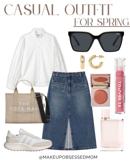 Here's a cute casual outfit you can wear this Spring! A white long-sleeved top, denim midi skirt, neutral sneakers, beige tote bag, chic black sunglasses and more! 
#midlifestyle #capsulewardrobe #modestlook #womenover50

#LTKover40 #LTKstyletip #LTKbeauty