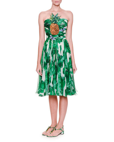 Embellished Strapless Printed Dress, White/Green | Neiman Marcus
