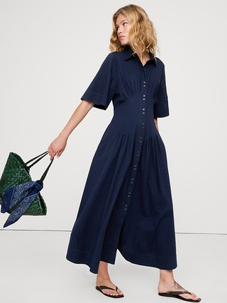 Stretch-Cotton Poplin Pintuck Long-Midi Shirt Dress | Banana Republic (US)