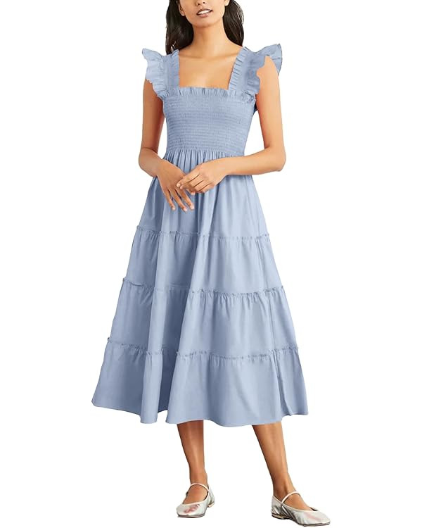 Rooscier Women's Square Neck Smocked Ruffle Sleeveless Sundress Tiered A Line Midi Dress | Amazon (US)