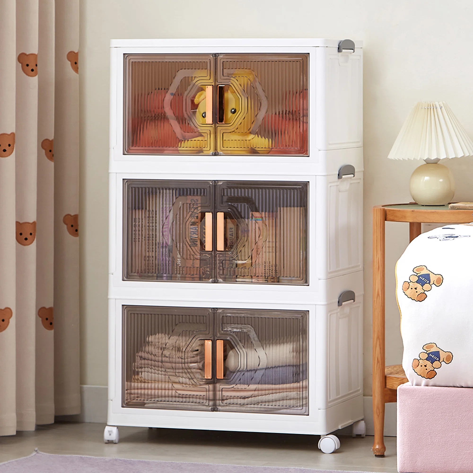 3 Pack Stackable Storage Bins Folding Organizer Boxes Collapsible Closet With Doors Wheels Lids | Wayfair North America
