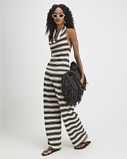 Brown Stripe Wide Leg Trousers | River Island UK & IE