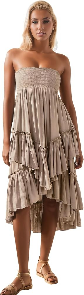 R.Vivimos Long Skirts for Women Summer Boho Smocked Strapless Dress Elastic High Waisted Layered ... | Amazon (US)
