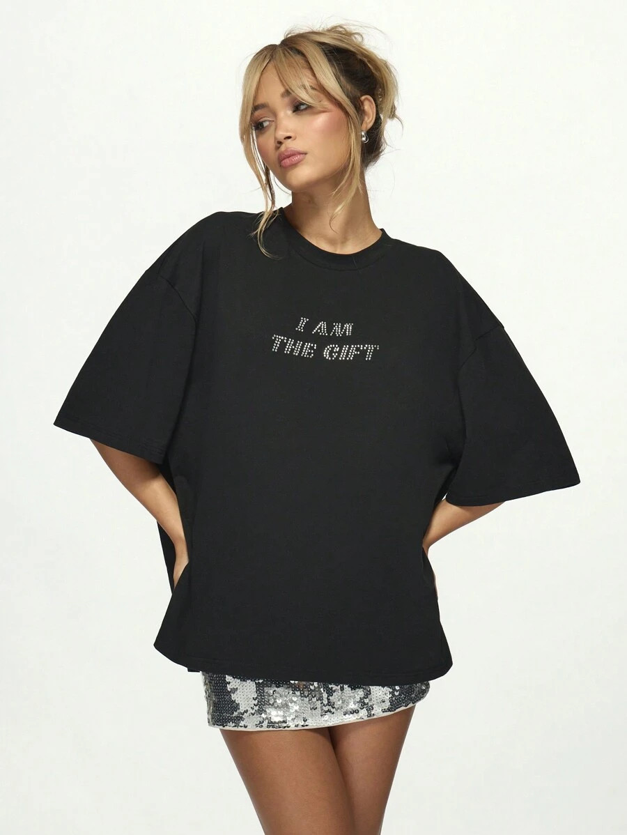 MISSGUIDED Rhinestone Statement Oversized T-Shirt Crystal Embellished I Am The Gift Party Slogan ... | SHEIN