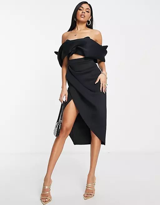 ASOS DESIGN 2-piece off-shoulder pencil wrap tuck midi dress in black | ASOS | ASOS (Global)