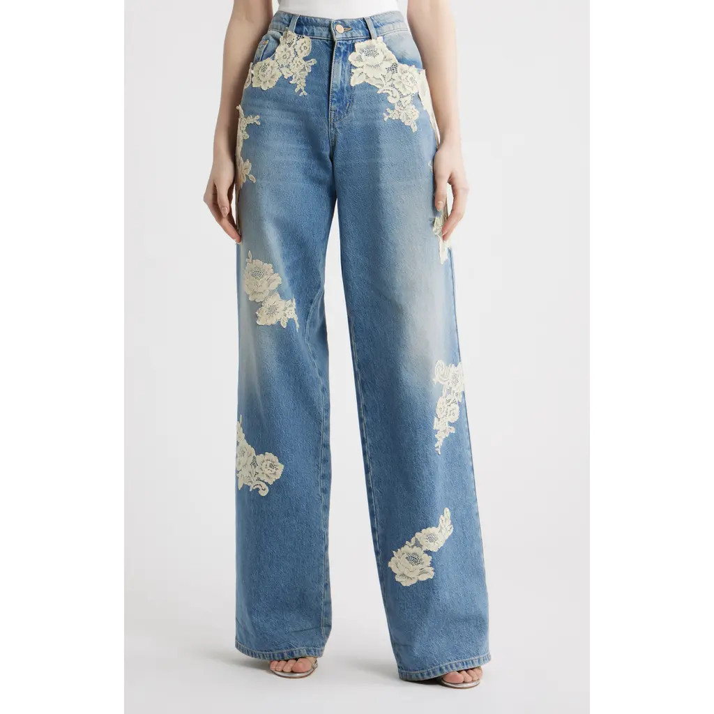 LoveShackFancy Bambie Lace Wide Leg Jeans in Faded Blue at Nordstrom, Size 32 | Nordstrom