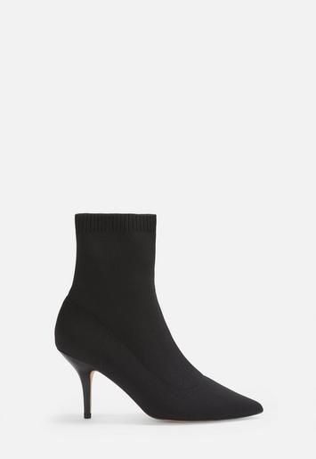 Black Knitted Mid Heel Sock Boots | Missguided (UK & IE)