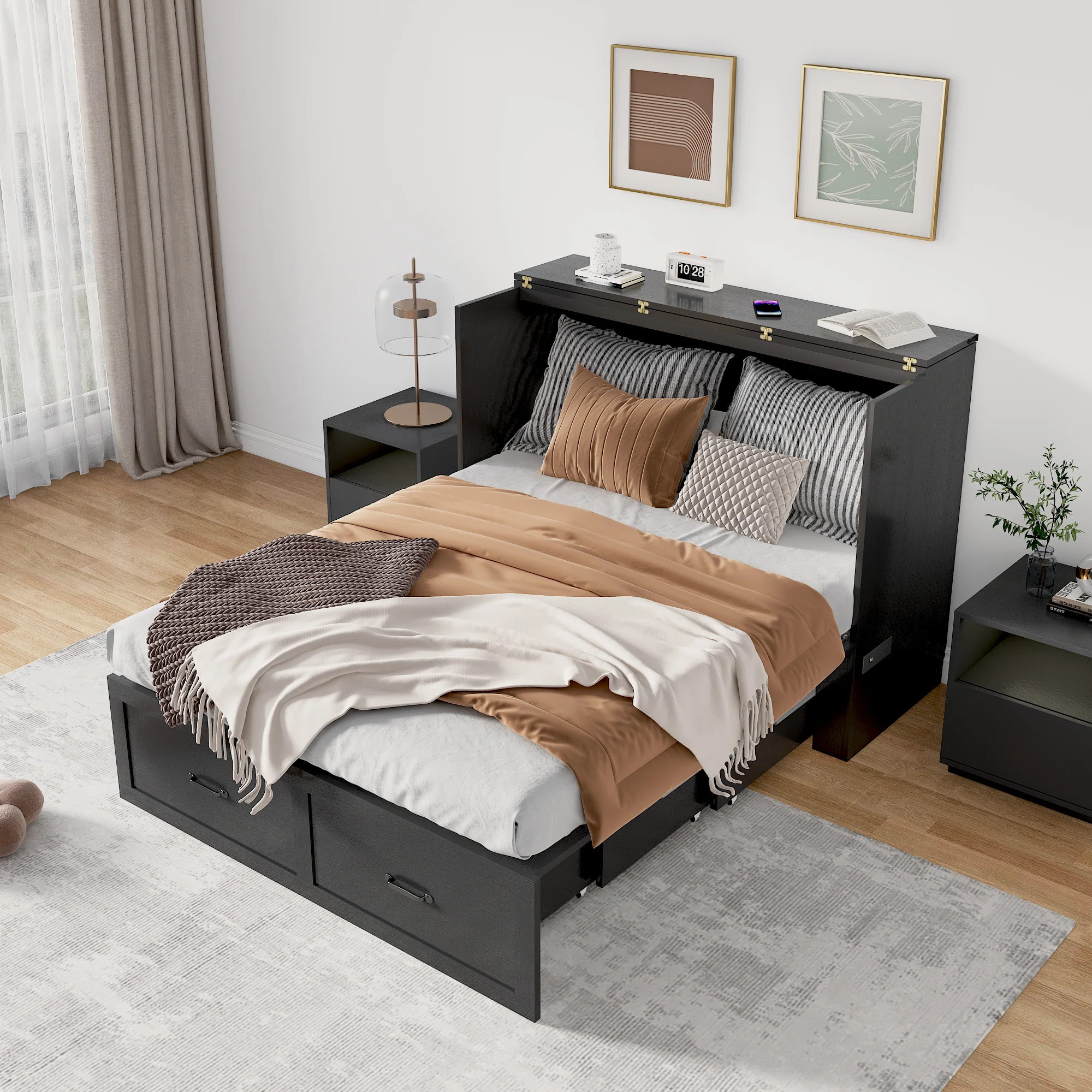 Full Size Murphy Chest Bed with Drawer and Charging Station, Farmhouse Wood Space-Saving Hidden F... | Wayfair North America
