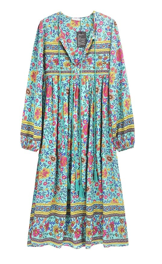 R.Vivimos Women's Long Sleeve Floral Print Retro V Neck Tassel Bohemian Midi Dresses | Amazon (US)