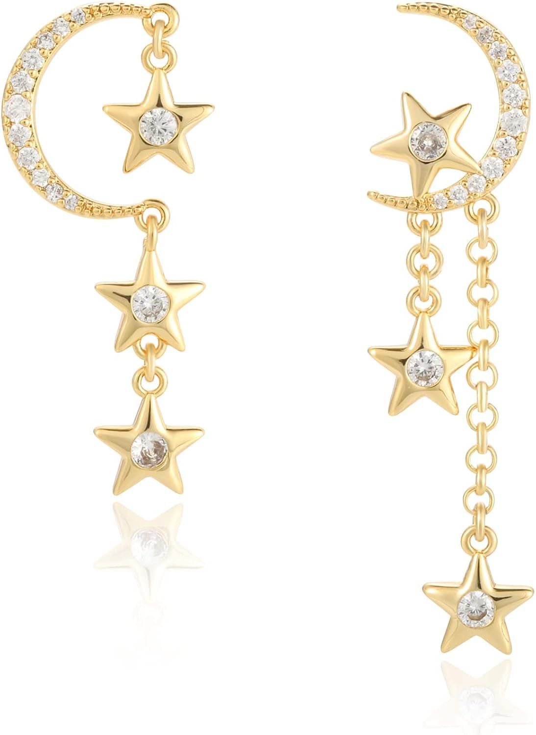 Moon Star Earrings for Women - 16K Gold Plated 925 Sterling Silver Needle Long Chain Hanging Tass... | Amazon (US)