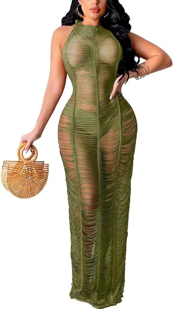 Women Sexy Halter Sleeveless Mesh See Through Crochet Maxi Long Dress Backless Knitted Beach Biki... | Amazon (US)