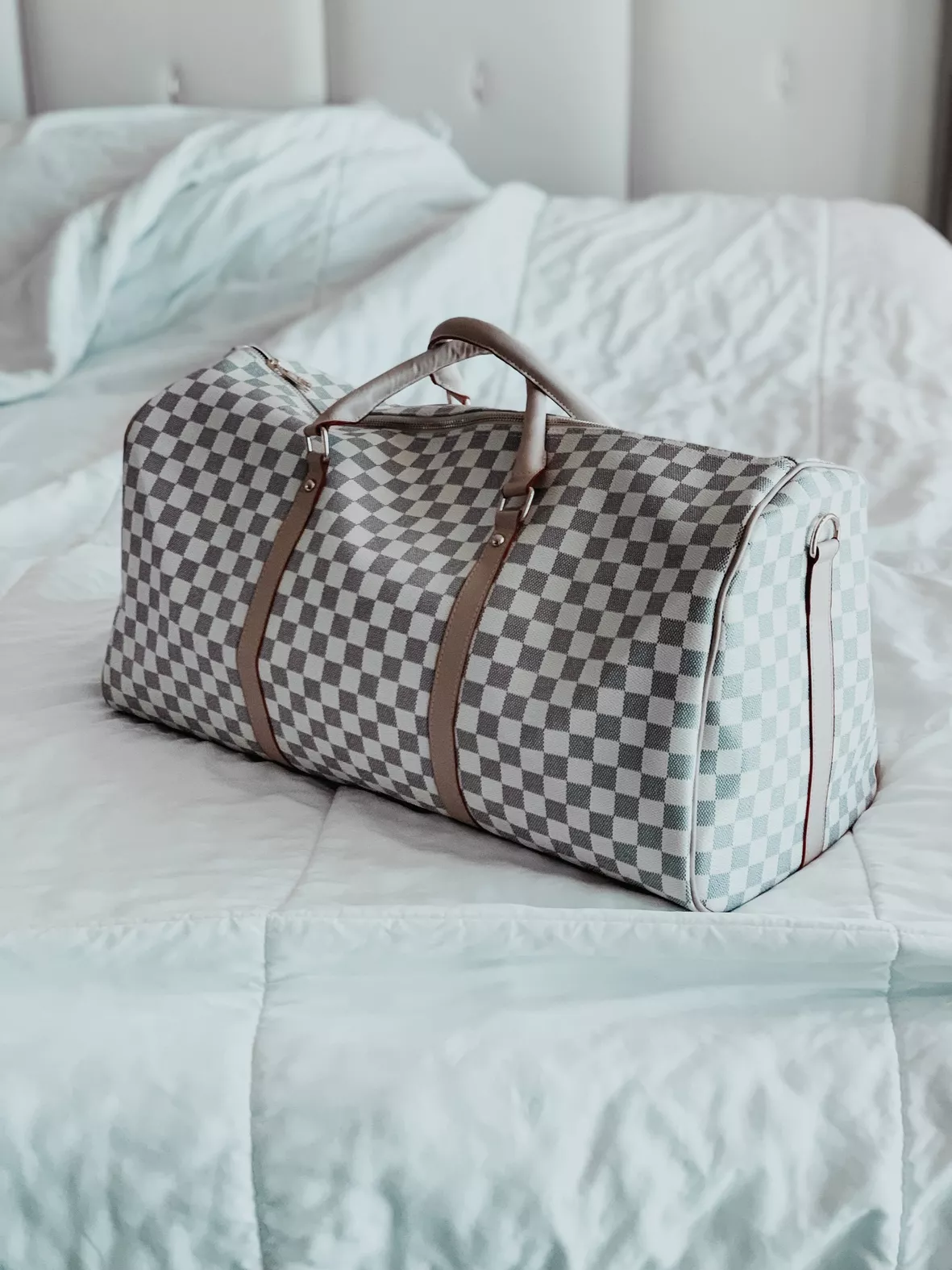 RICHPORTS Checkered Travel PU Leather Oversized Weekender Duffel Bag  Overnight Handbag Gym Bag for Large 