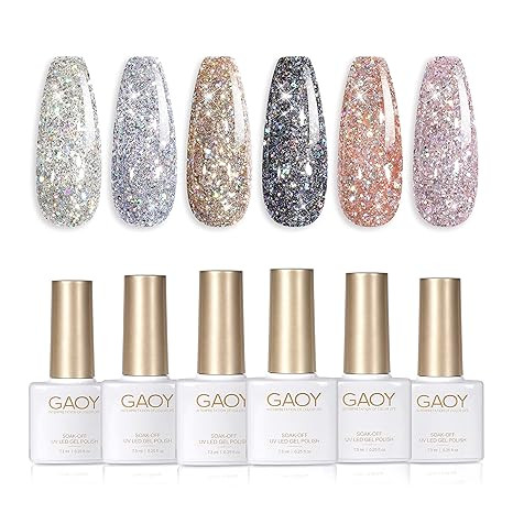 GAOY Chrome Platinum Glitter Gel Nail Polish Set of 6 Colors Including Sparkly Shiny Black Silver... | Amazon (US)