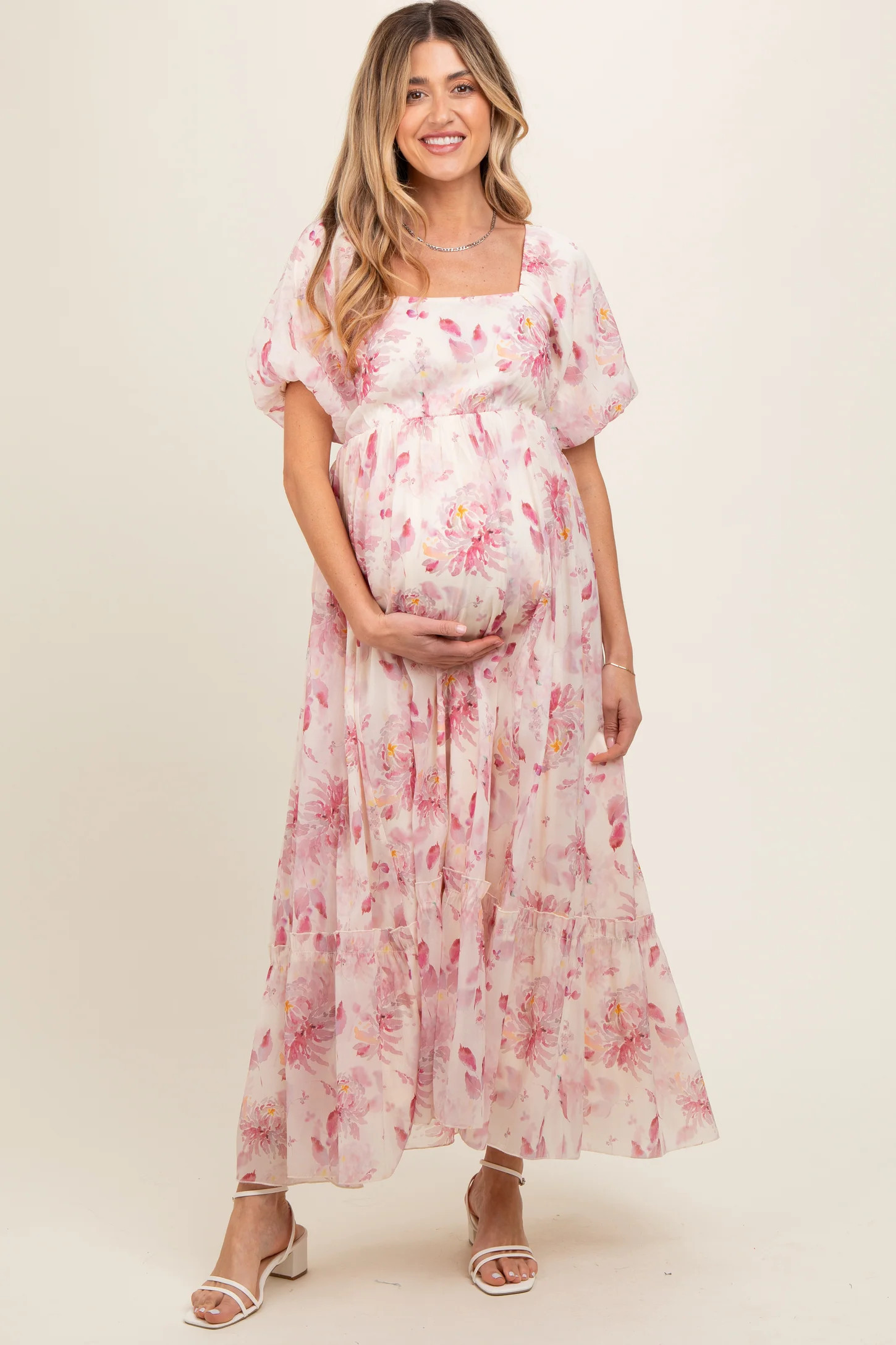 Red Puff Sleeve Square Neck Maternity Dress | PinkBlush Maternity