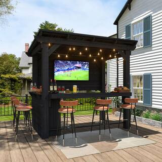 8.5 ft. x 6 ft. Cedar Outdoor Gazebo Pergola Bar with Double-Sides Metal Sloped Roof and Ample Storage Cabinet, Black | The Home Depot