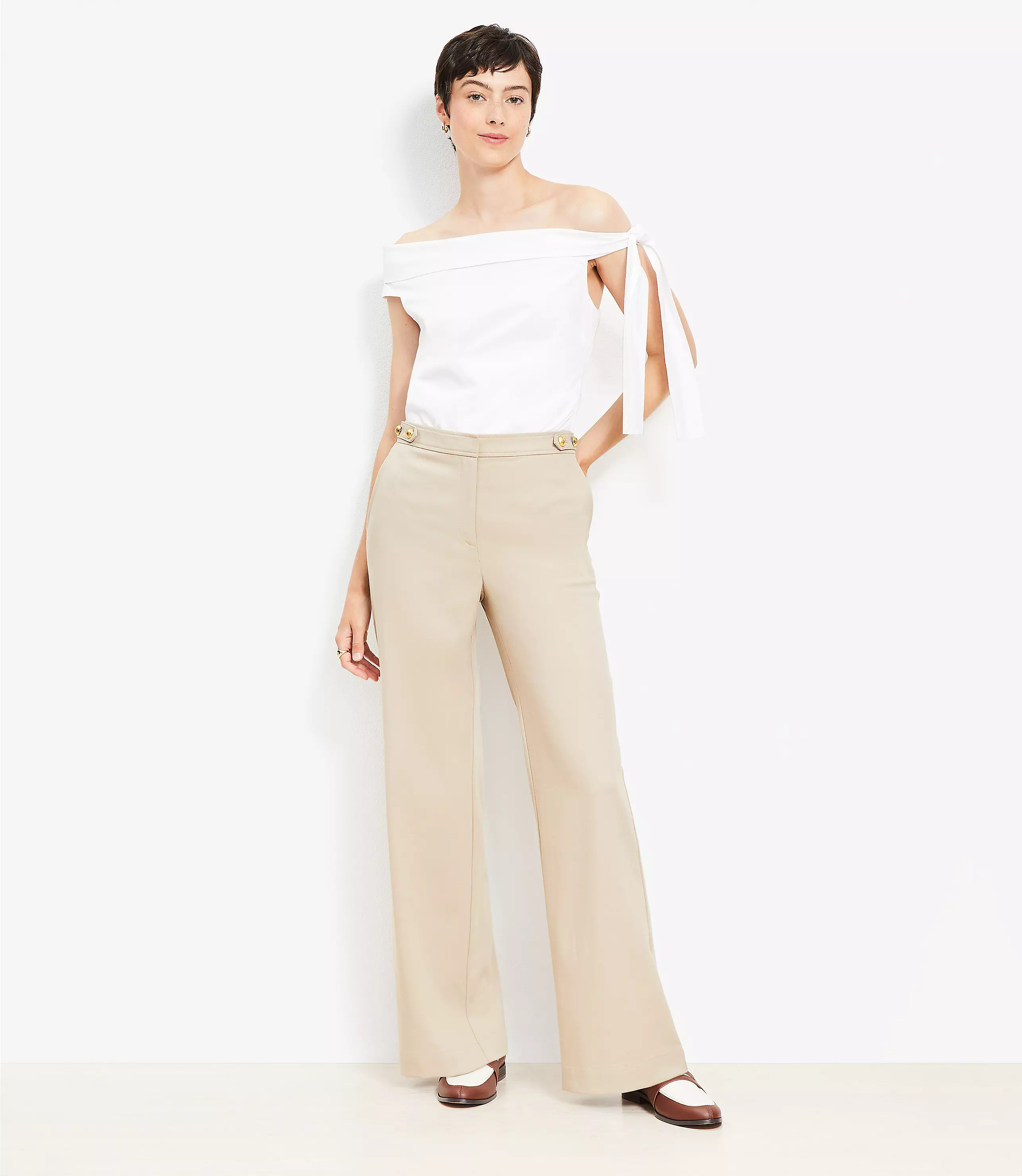 Tab Waist Wide Leg Pants in Twill | LOFT
