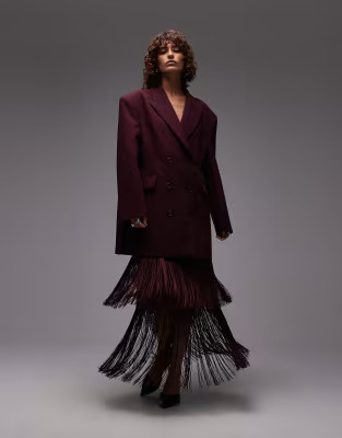 ASOS DESIGN Fringe midi skirt in burgundy | ASOS (Global)