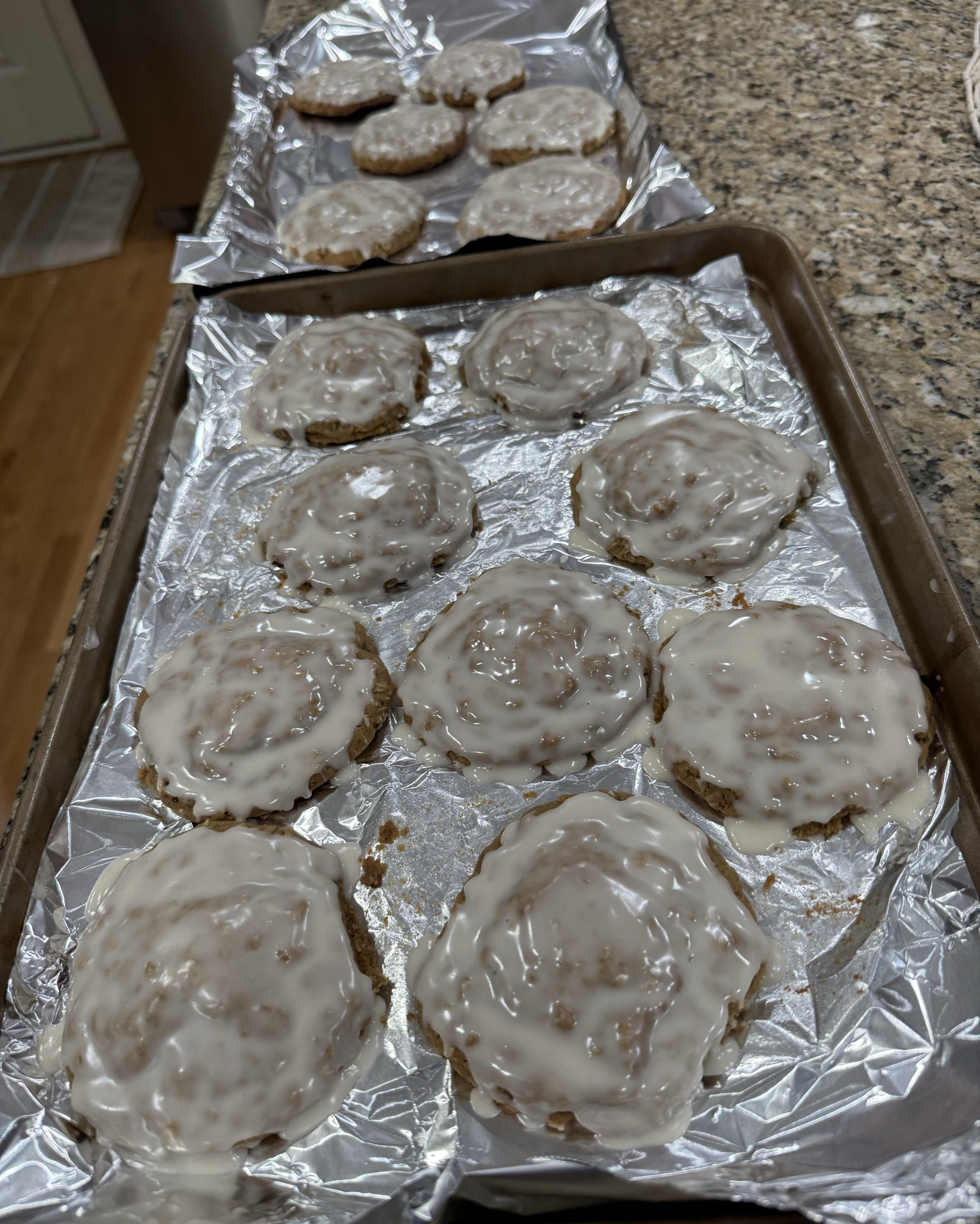 Iced oatmeal cookies 🤤

Yall these are sooo good. I made the dough a couple days ago and then set it in the fridge & pulled it out and baked tonight then dipped in the frosting. 
I loveeeee oatmeal cookies & this is a homemade recipe for those delicious packaged iced oatmeal cookies. Trust me, this one is sooo much better and worth the work (which I enjoy anyways bc Gunner always helps me so it’s a bonding thing for us) 

Recipie: 
2 cups old fashioned oats (ground finer- I used my ninja)
2 cups all purpose flour 
1 teaspoon baking soda
I teaspoon salt
1 1/2 teaspoon cinnamon 
1/2 teaspoon nutmeg 
1 cup unsalted butter (room temp)
1 cup brown sugar 
1/2 cup granulated sugar
2 large eggs 
1 tablespoon dark molasses (I used grandmas brand)
2 teaspoons pure vanilla extract 

Icing:
1 1/2 cups powdered sugar 
1/4 teaspoon pure vanilla extract 
1.5 - 2 tablespoons milk 
(The more liquid you add, the runnier the icing so if you want a thicker icing, add milk slowly and stir to the consistency you desire) 

•whisk pulsed oats, flour, baking soda, salt, cinnamon, nutmeg, set aside. 
• using a standing mixer, beat the butter, brown sugar, granulated sugar together about 2 minutes. Add eggs, molasses, & vanilla. Beat on high speed until well combined. 
•add the dry ingredients slowly on low until well combined. Cover & chill dough for 45 minutes or a few days. 
• scoop cookie dough onto baking sheet. Bake at 350 for about 12 minutes or so. 
• remove from oven and let cool. 
• make icing ^
• when cookies are cool dip top of cookies into icing and let “dry” on baking sheet. 


#LTKSeasonal #LTKKids #LTKHome