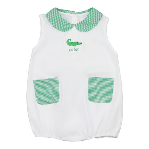 White And Green Gingham Embroidered Alligator Bubble | Cecil and Lou