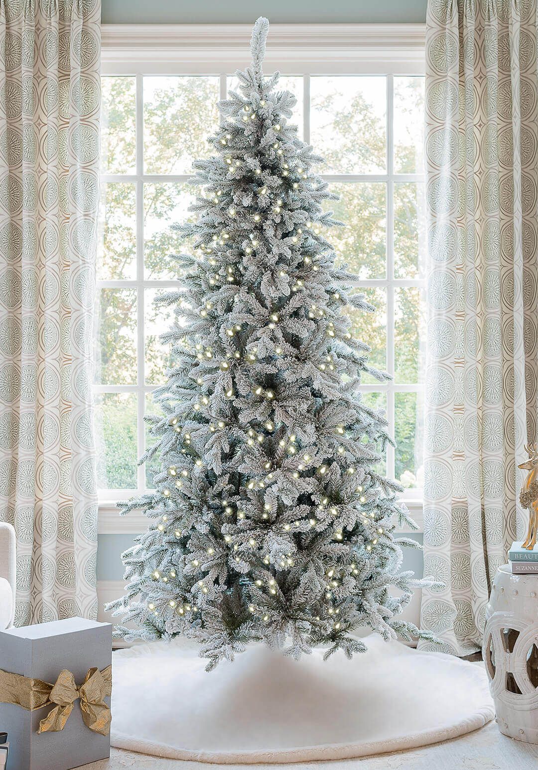 12' Queen Flock® Slim Artificial Christmas Tree With 1200 Warm White LED Lights | King of Christmas