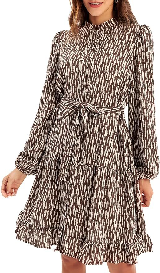 GRACE KARIN Women's Tiered Dress Casual Shirt Stand Collar Long Sleeve Dress with Belt | Amazon (US)