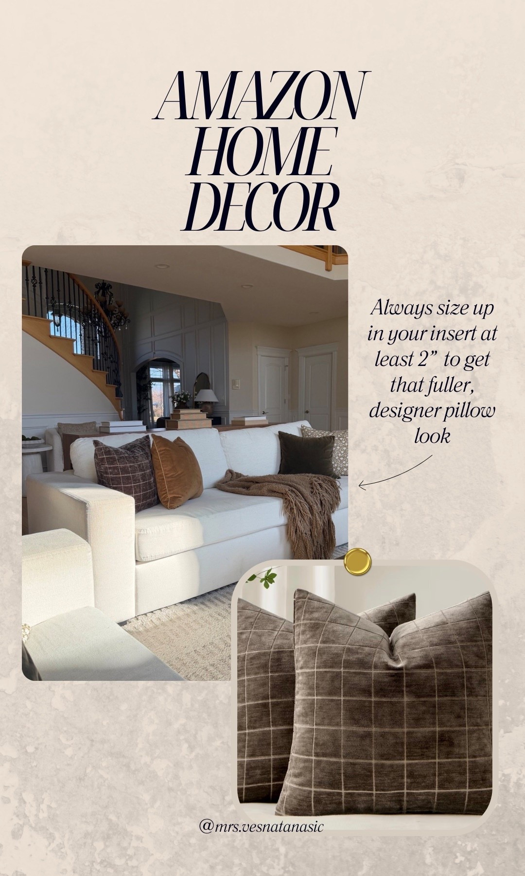 The pillow trick that makes them look designer.
Always size up your insert by about 2” for that full, luxe look. Linking these pillow covers and inserts here. 

#LTKHome