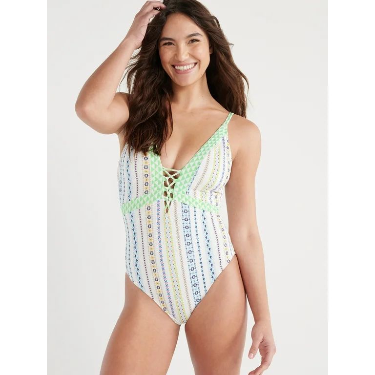 Jessica Simpson Women's One Piece Textured Swimsuit with Lace Up Front, Sizes XS-XXL - Walmart.co... | Walmart (US)