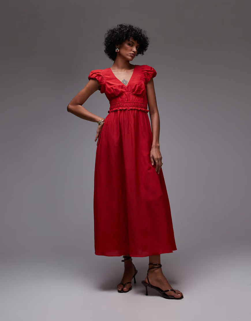 & Other Stories – Midikleid in Rot mit gestuftem Saum und Rüschenärmeln | ASOS (Global)