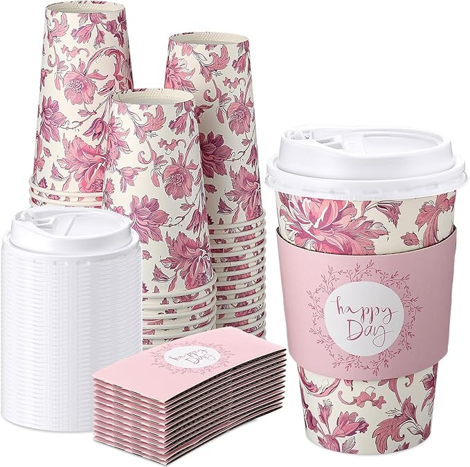 Lallisa 50 Pack 16 oz Floral Disposable Coffee Cups with Lids and Sleeves Wedding Flowers Paper D... | Amazon (US)