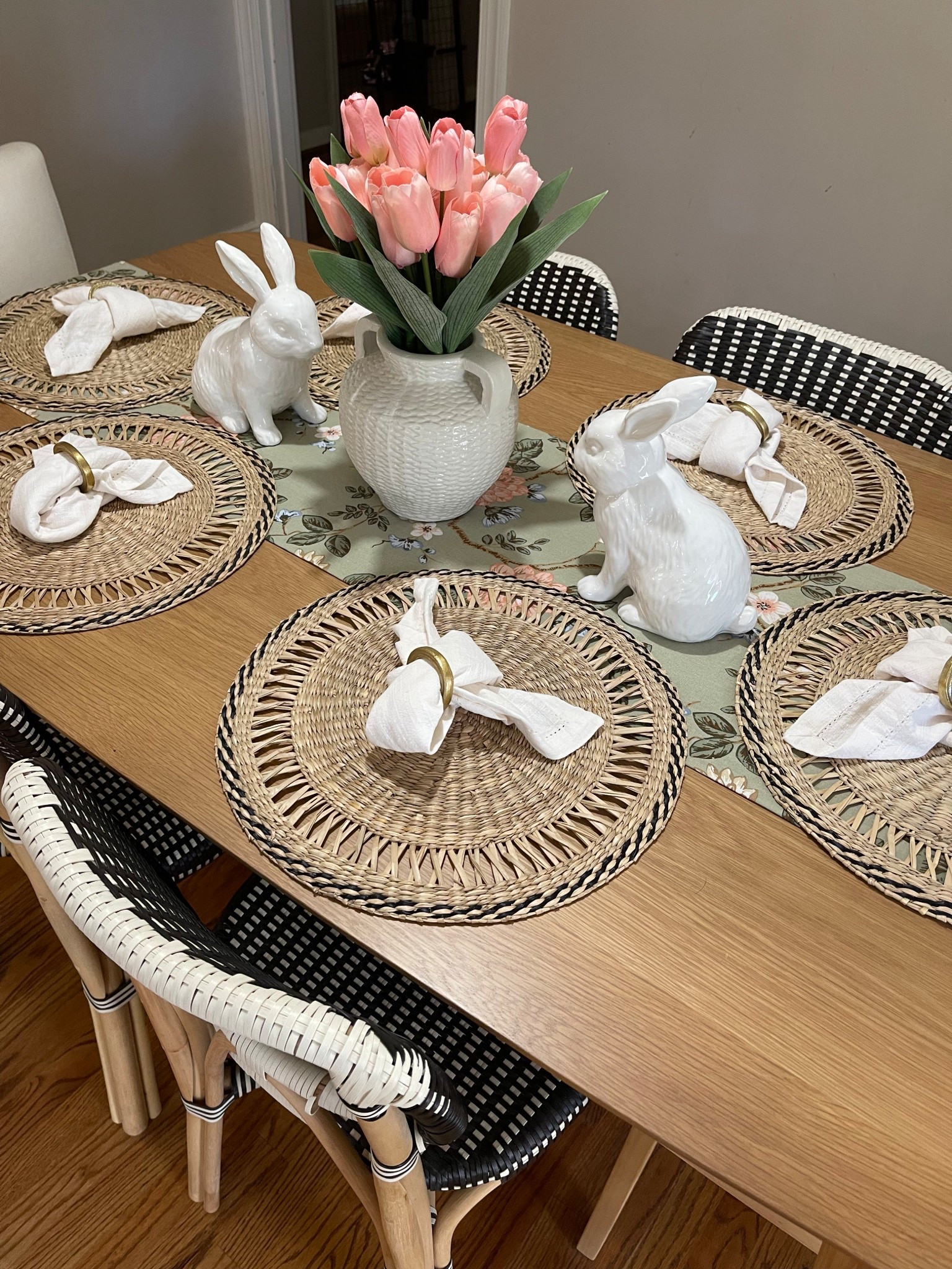 Tablesscape, Easter table, table runner, target home, home decor, dining room, kitchen, ceramic rabbits, ceramic vase, faux flowers, chargers, ivory napkins, napkin rings, faux florals, floral arrangement, Midcentury, spring table

#LTKHome #LTKSeasonal