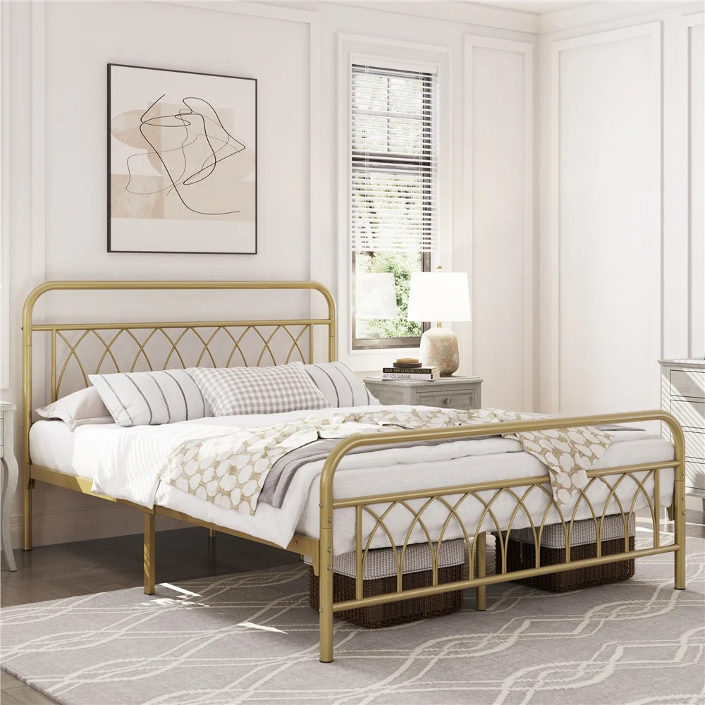 Smile Mart Metal Platform Bed Frame with Headboard and Footboard, Full, Antique Gold | Walmart (US)