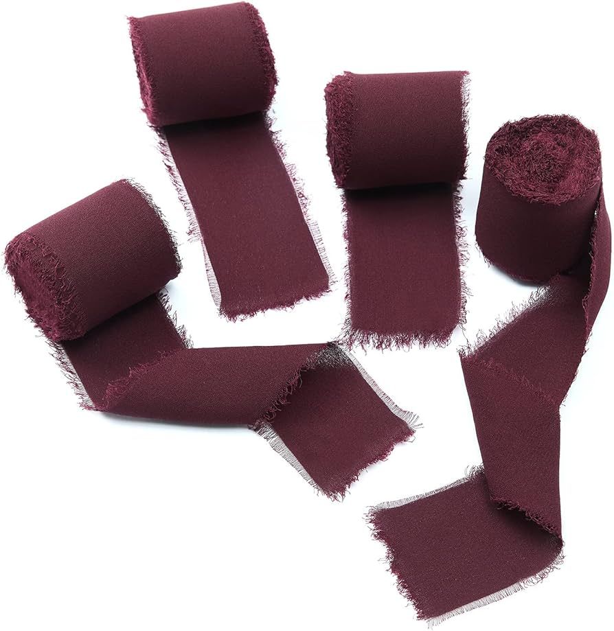 4 Rolls Burgundy Handmade Fringe Chiffon Silk Ribbon 1.5"W x 5Yd Per Roll,Frayed Edges Ribbon Set... | Amazon (US)