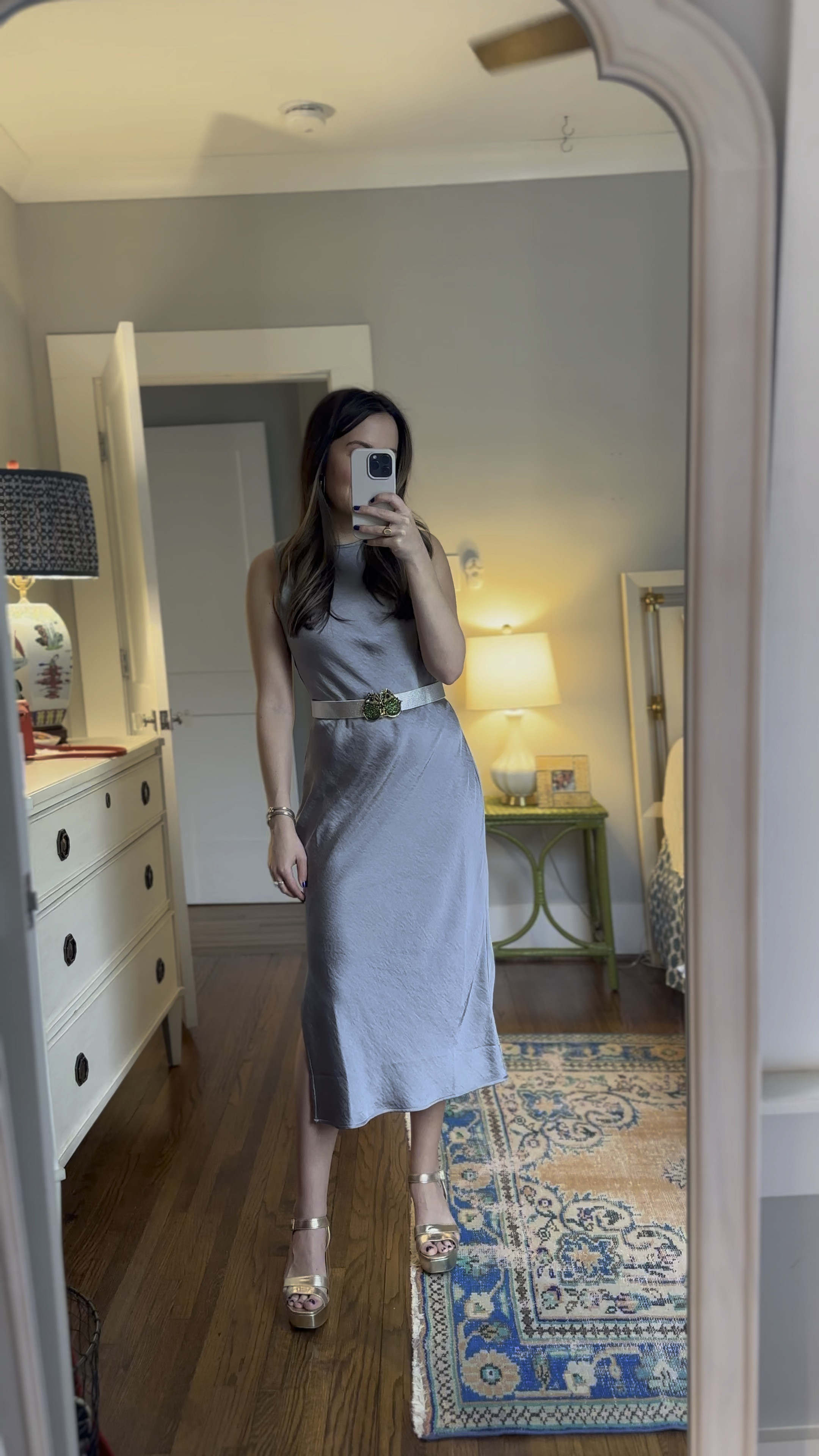 This satin tank dress is under $20!! Comes in 3 colors but the gunmetal/silver is my favorite with my Love, Ceil belt  