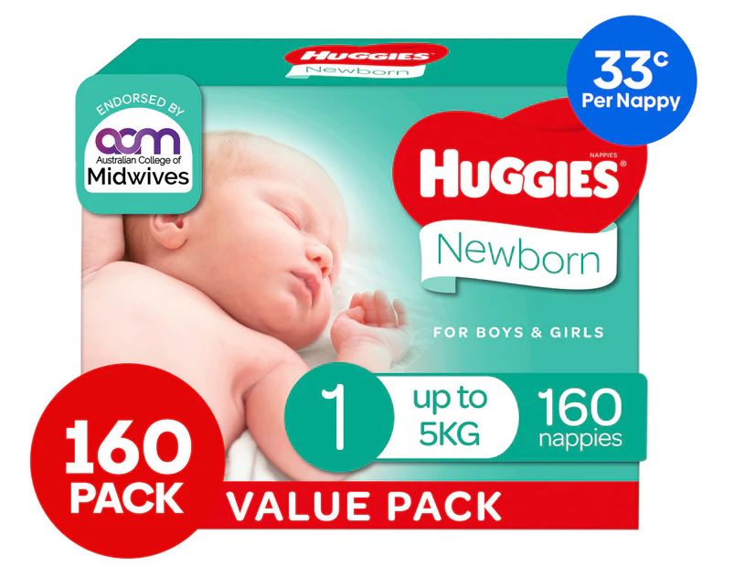 Huggies Newborn Size 1 Up to 5kg Nappies 160pk | Catch.com.au