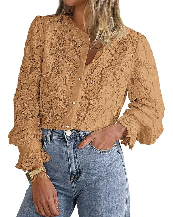PRETTYGARDEN Women's Dressy Casual Lace Blouse Long Sleeve Button Up Shirts Tops Spring Fall Fash... | Amazon (US)