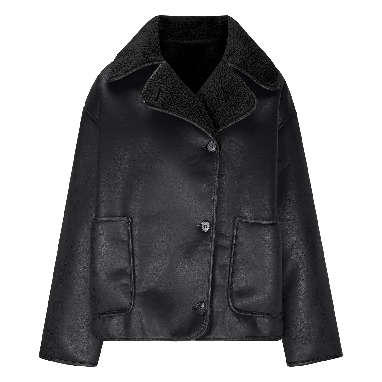 HTNBO Women's Faux Leather Jacket with Faux Fur Lining Warm Winter Coats Lapel Button Thick Shear... | Walmart (US)