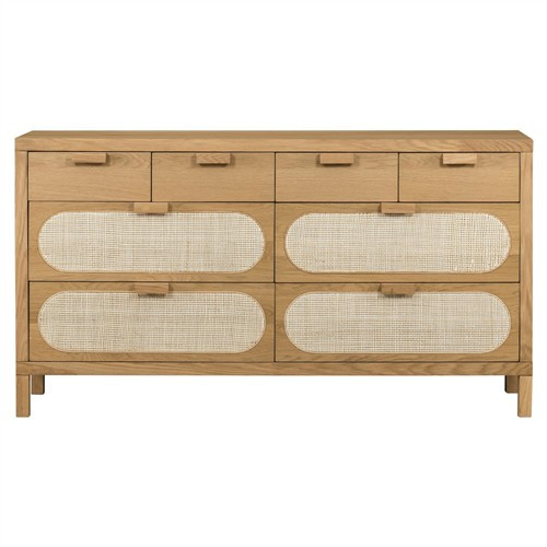 Allie Coastal Brown Oak Light Wood 8 Drawer Beige Cane Dresser | Kathy Kuo Home