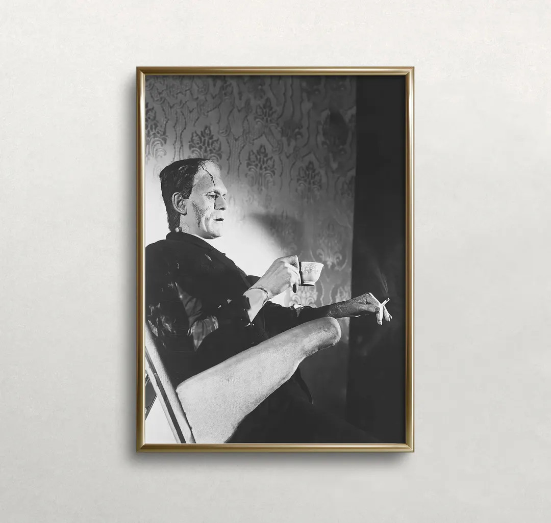 Smoking Frankenstein Art, Halloween Wall Art, Black and White Art, Vintage Wall Art, Funny Wall A... | Etsy (US)