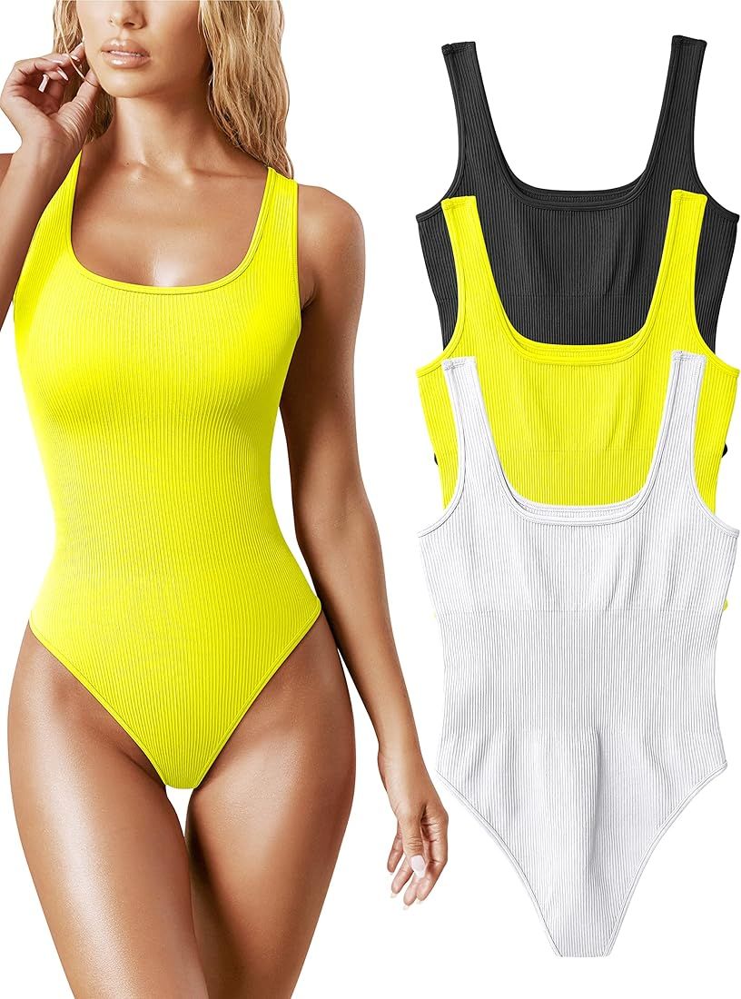 OQQ Women's 3 Piece Bodysuits Sexy Ribbed Sleeveless Square Neck Sleeveless Tank Tops Bodysuits | Amazon (US)